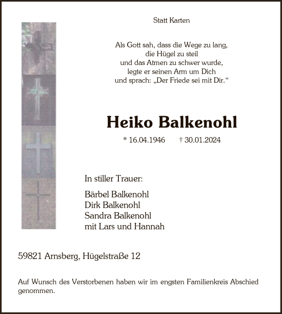 Traueranzeige von Heiko Balkenohl von WA