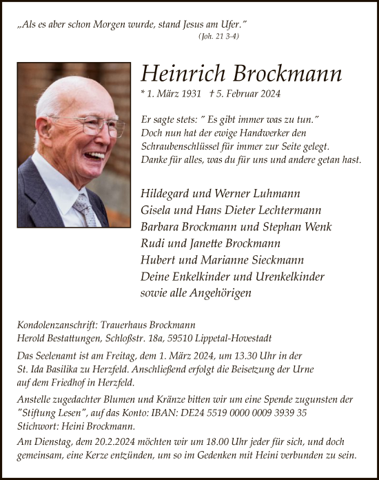 Traueranzeige von Heinrich Brockmann von WA