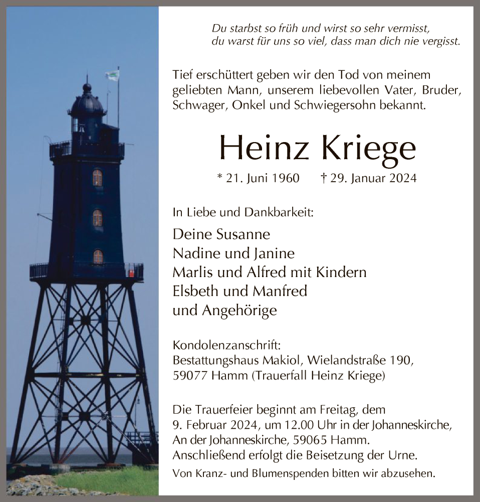  Traueranzeige für Heinz Kriege vom 03.02.2024 aus WA