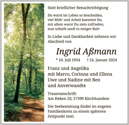 Traueranzeige von Ingrid Aßmann von WA