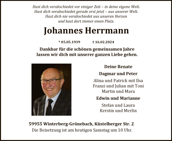 Traueranzeige von Johannes Herrmann von WA