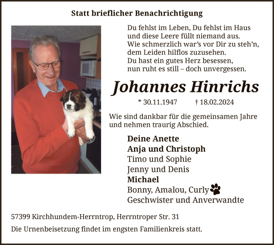 Traueranzeige von Johannes Hinrichs von WA