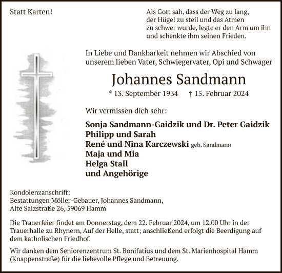 Traueranzeige von Johannes Sandmann von WA