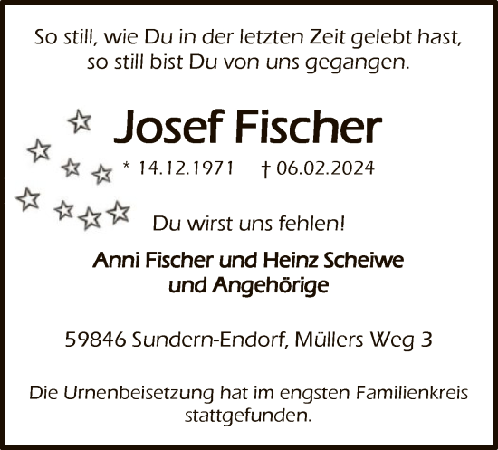 Traueranzeige von Josef Fischer von WA
