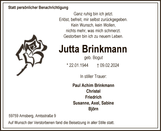 Traueranzeige von Jutta Brinkmann von WA