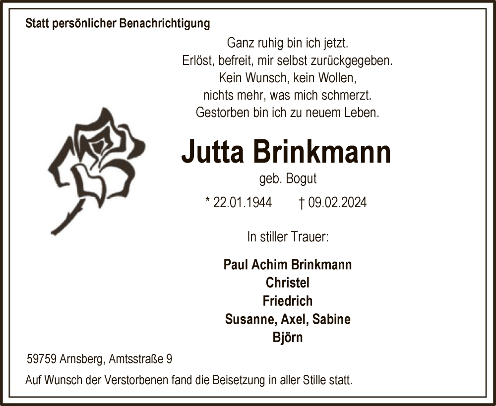  Traueranzeige für Jutta Brinkmann vom 24.02.2024 aus WA