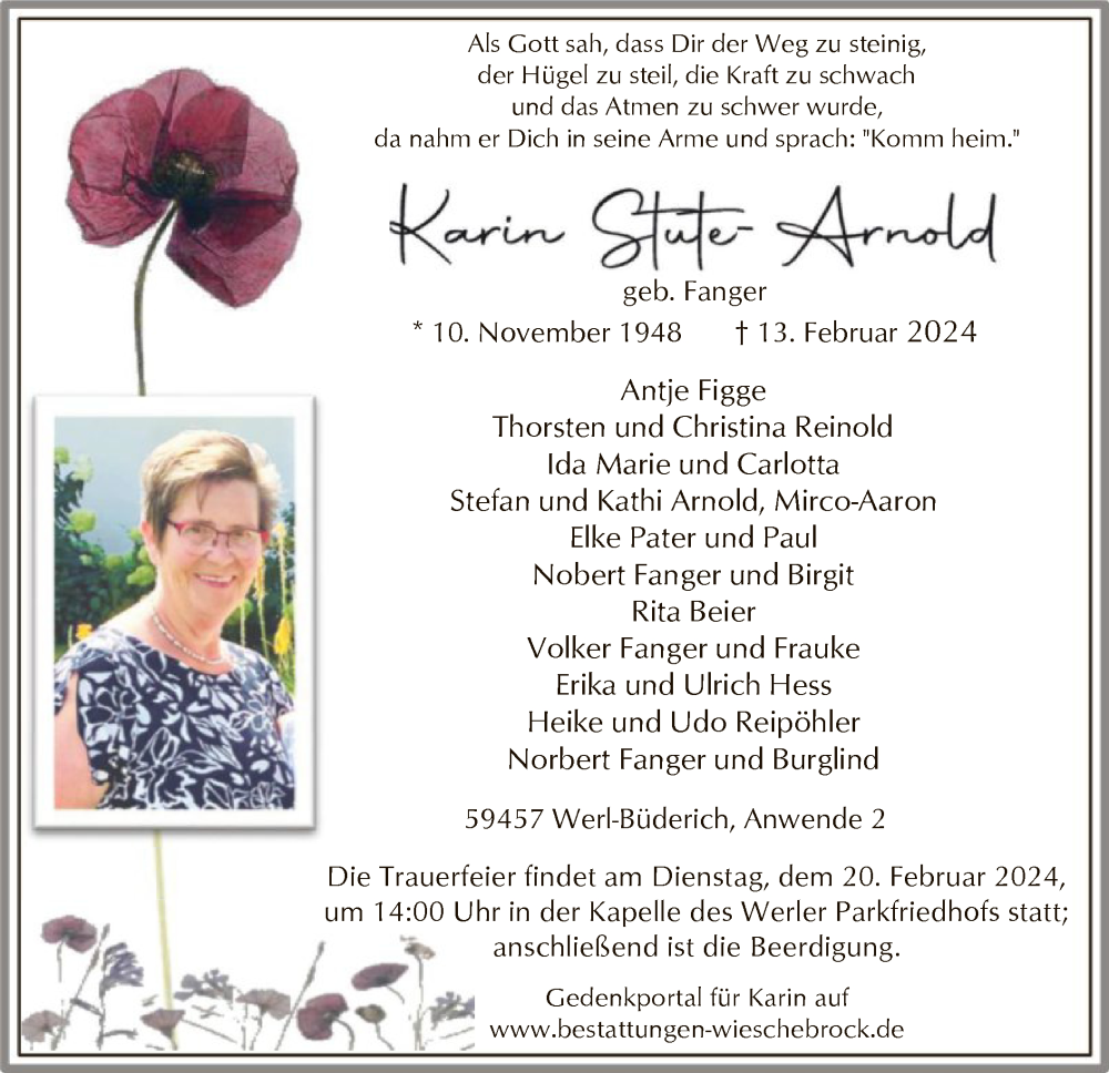  Traueranzeige für Karin Stute-Arnold vom 16.02.2024 aus WA