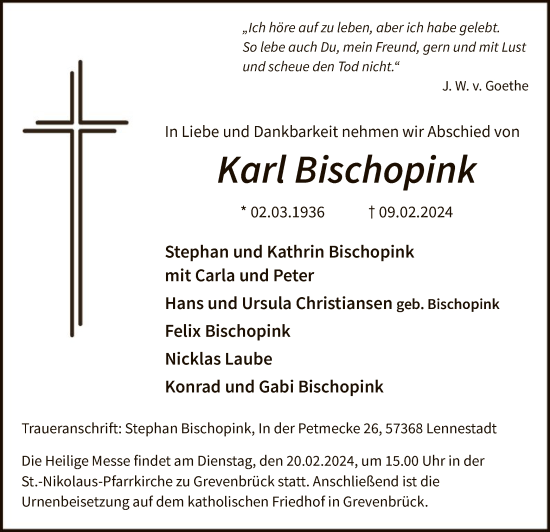 Traueranzeige von Karl Bischopink von WA