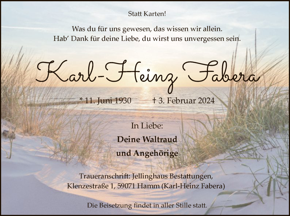  Traueranzeige für Karl-Heinz Fabera vom 10.02.2024 aus WA
