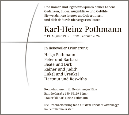 Traueranzeige von Karl-Heinz Pothmann von WA