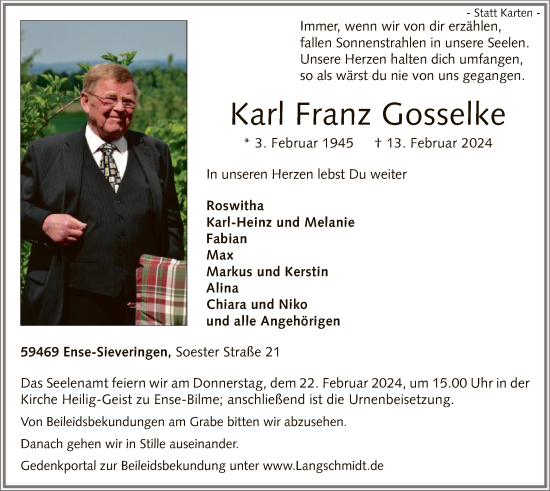Traueranzeige von Karl Franz Gosselke von WA