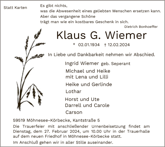 Traueranzeige von Klaus G. Wiemer von WA