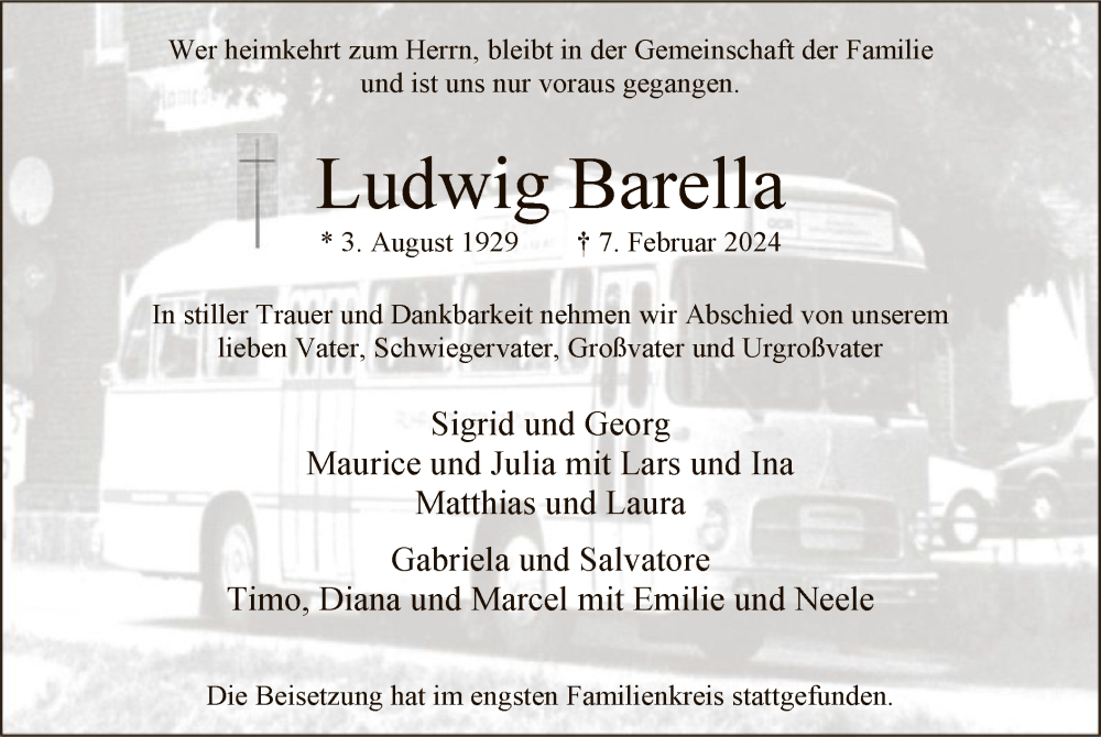  Traueranzeige für Ludwig Barella vom 24.02.2024 aus WA