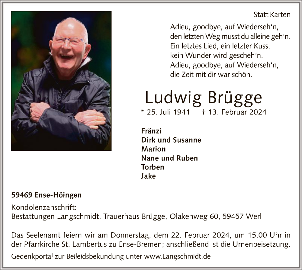  Traueranzeige für Ludwig Brügge vom 17.02.2024 aus WA