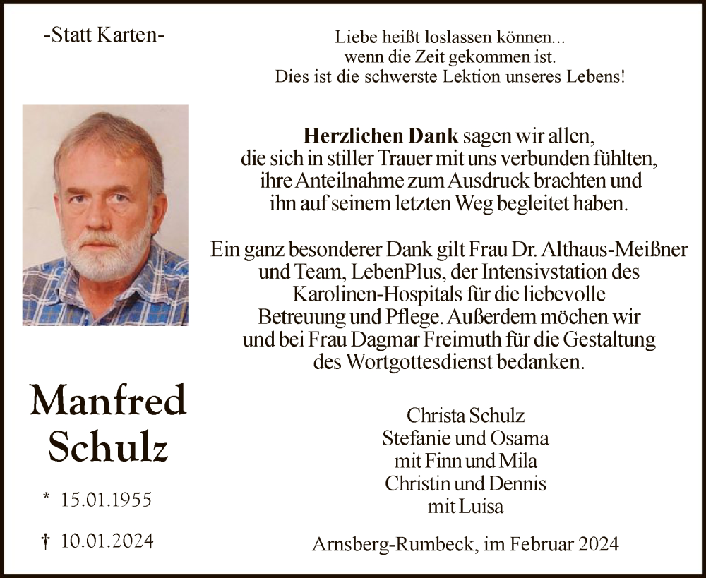  Traueranzeige für Manfred Schulz vom 17.02.2024 aus WA