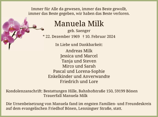 Traueranzeige von Manuela Milk von WA