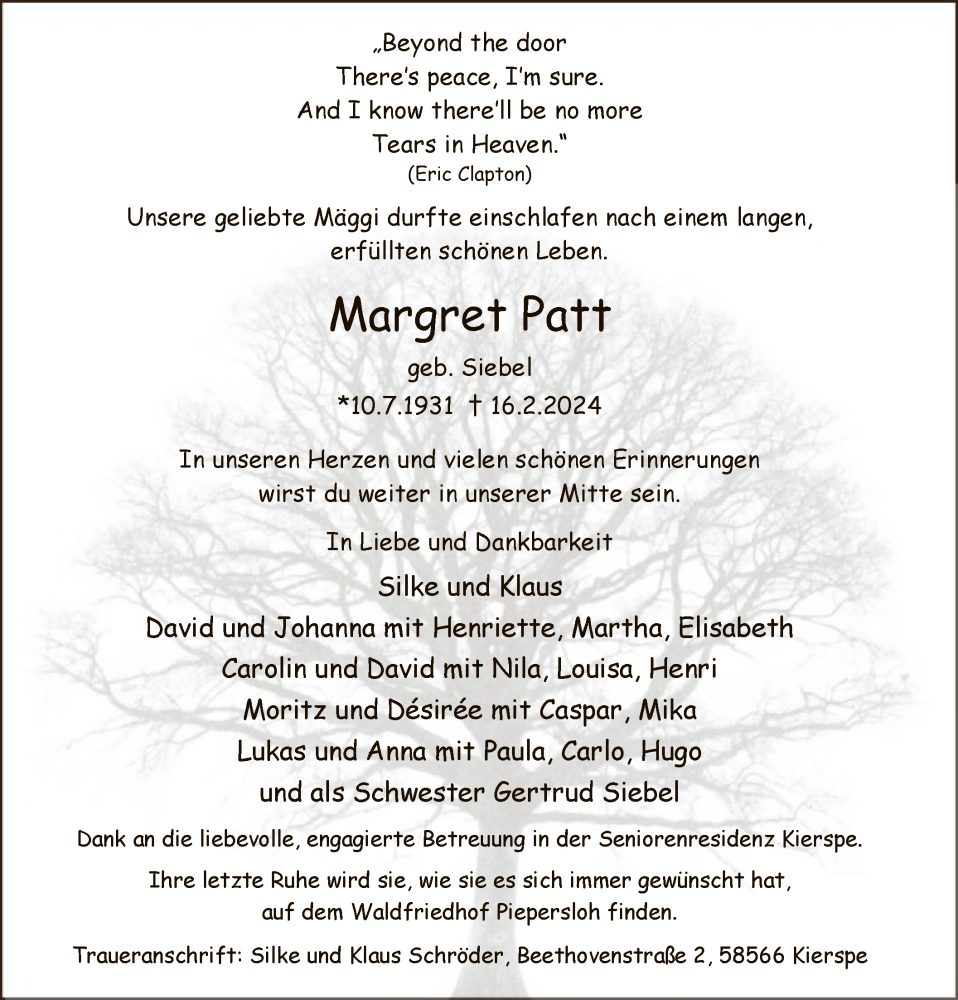  Traueranzeige für Margret Patt vom 24.02.2024 aus WA
