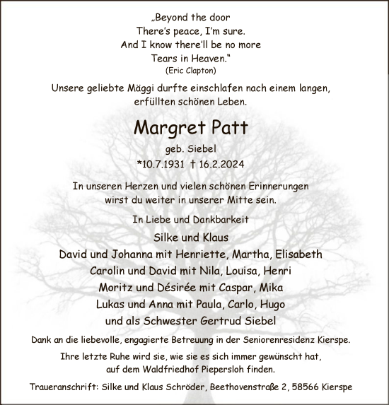 Traueranzeige von Margret Patt von WA