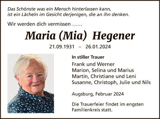 Traueranzeige von Maria Hegener von WA