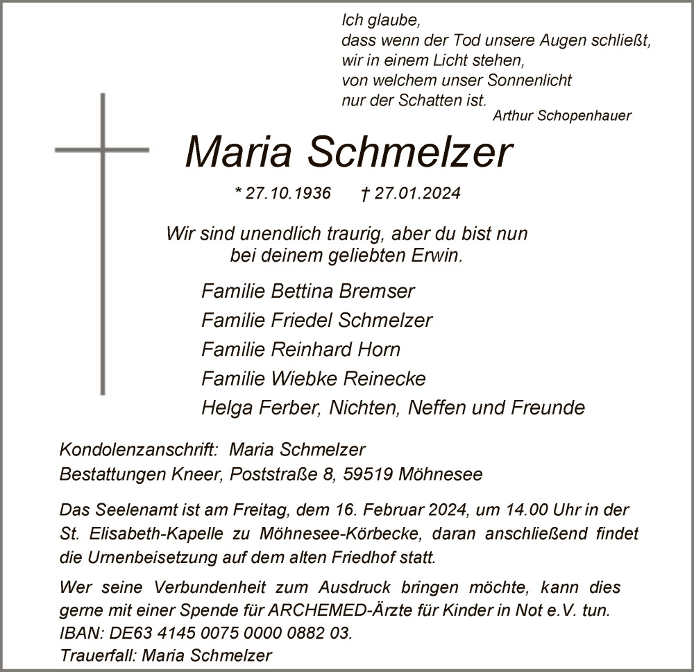  Traueranzeige für Maria Schmelzer vom 03.02.2024 aus WA