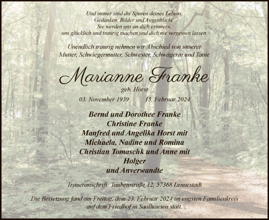 Traueranzeige von Marianne Franke von WA