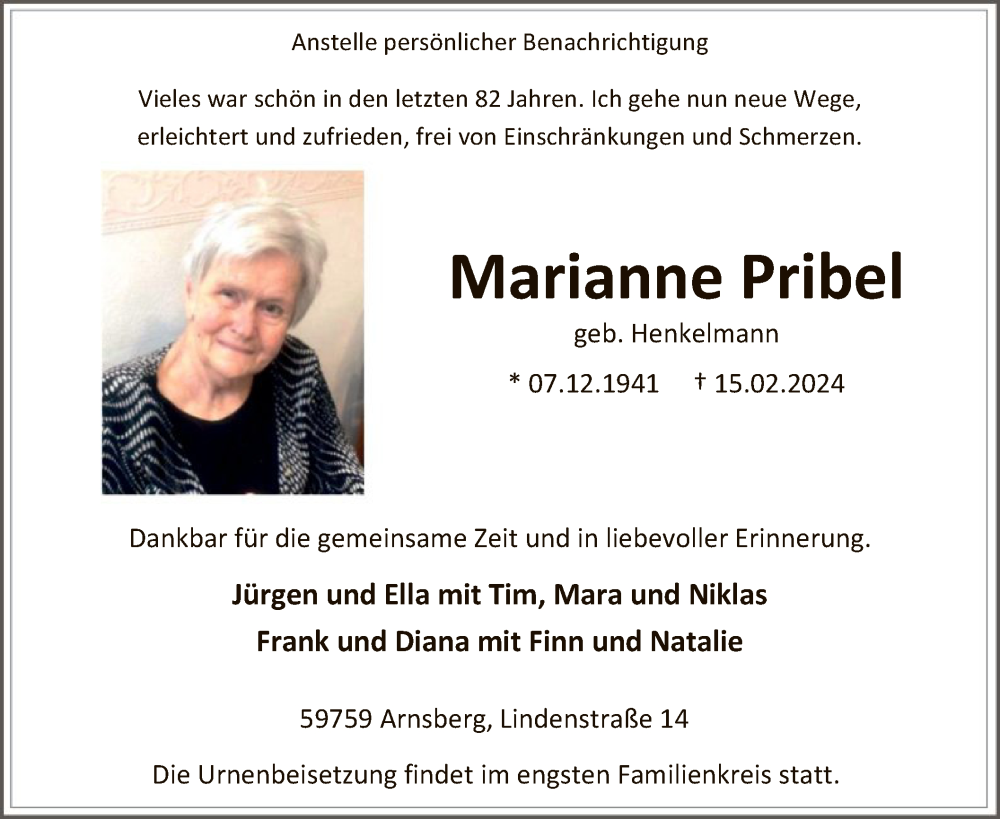  Traueranzeige für Marianne Pribel vom 24.02.2024 aus WA