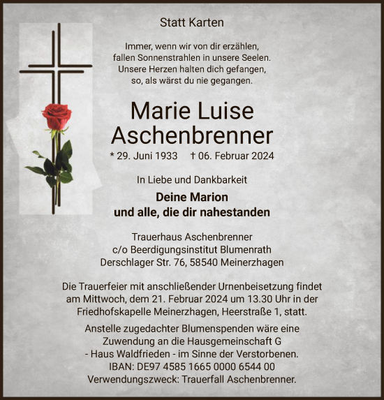 Traueranzeige von Marie Luise Aschenbrenner von WA