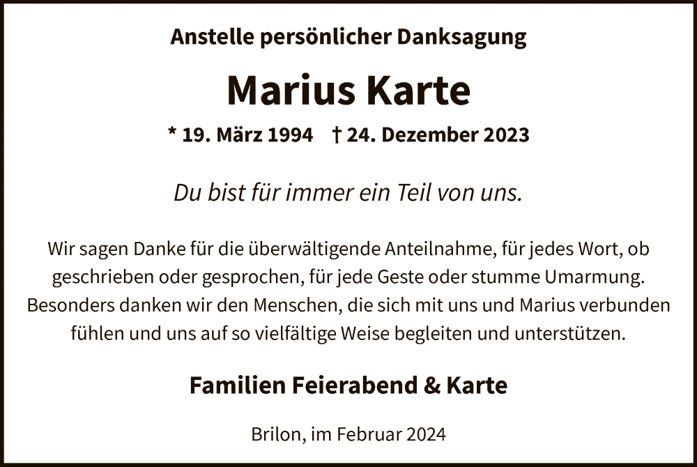  Traueranzeige für Marius Karte vom 24.02.2024 aus WA