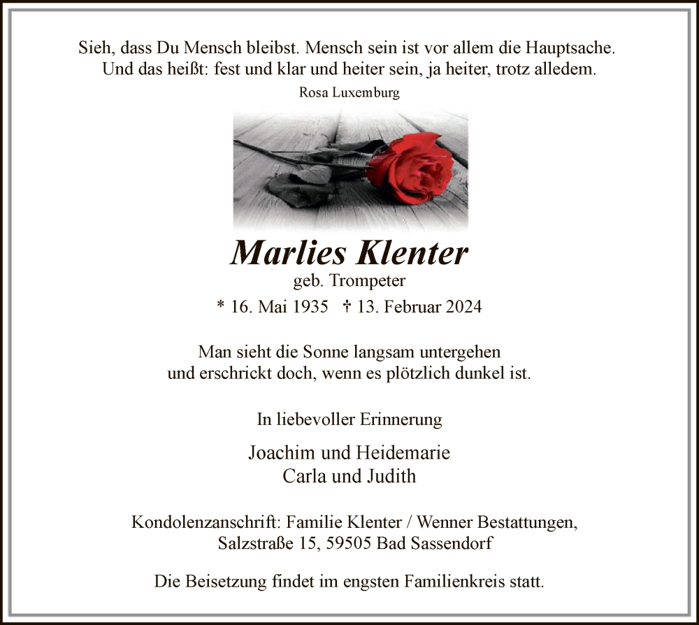  Traueranzeige für Marlies Klenter vom 24.02.2024 aus WA