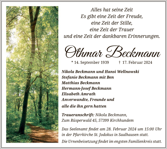Traueranzeige von Othmar Beckmann von WA