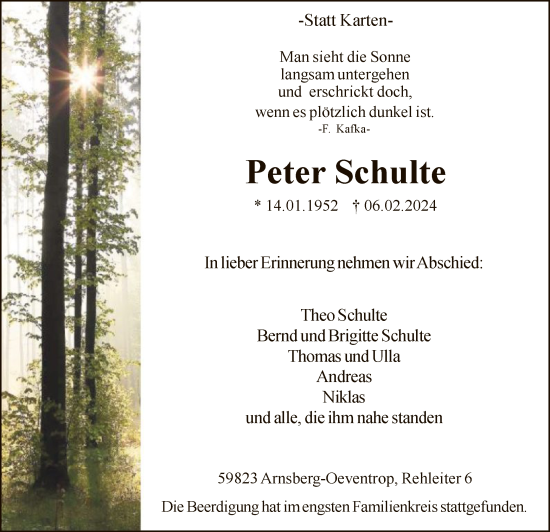 Traueranzeige von Peter Schulte von WA