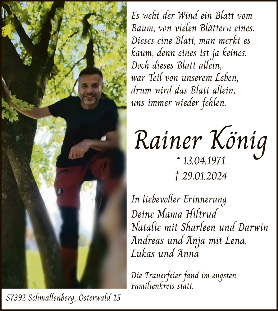  Traueranzeige für Rainer König vom 10.02.2024 aus WA