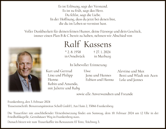 Traueranzeige von Ralf Kassens von WA