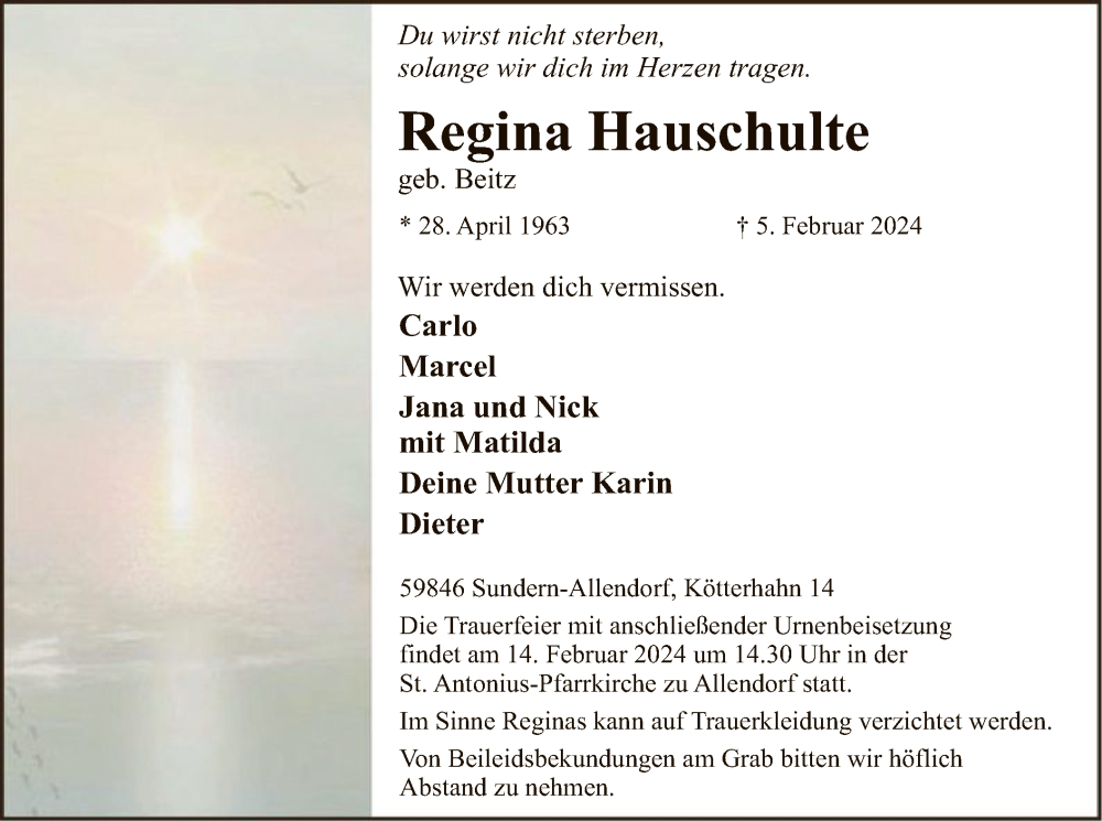  Traueranzeige für Regina Hauschulte vom 10.02.2024 aus WA