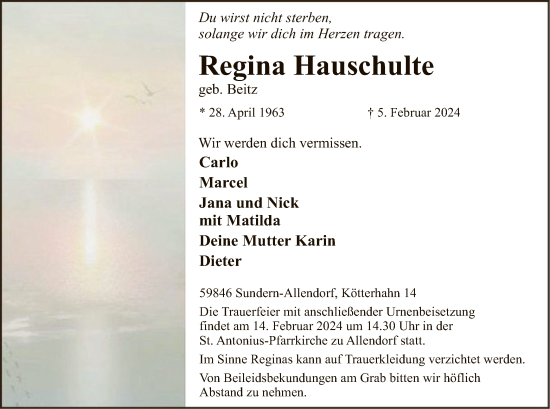 Traueranzeige von Regina Hauschulte von WA