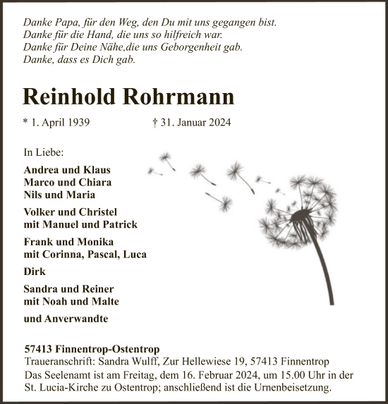 Traueranzeige von Reinhold Rohrmann von WA