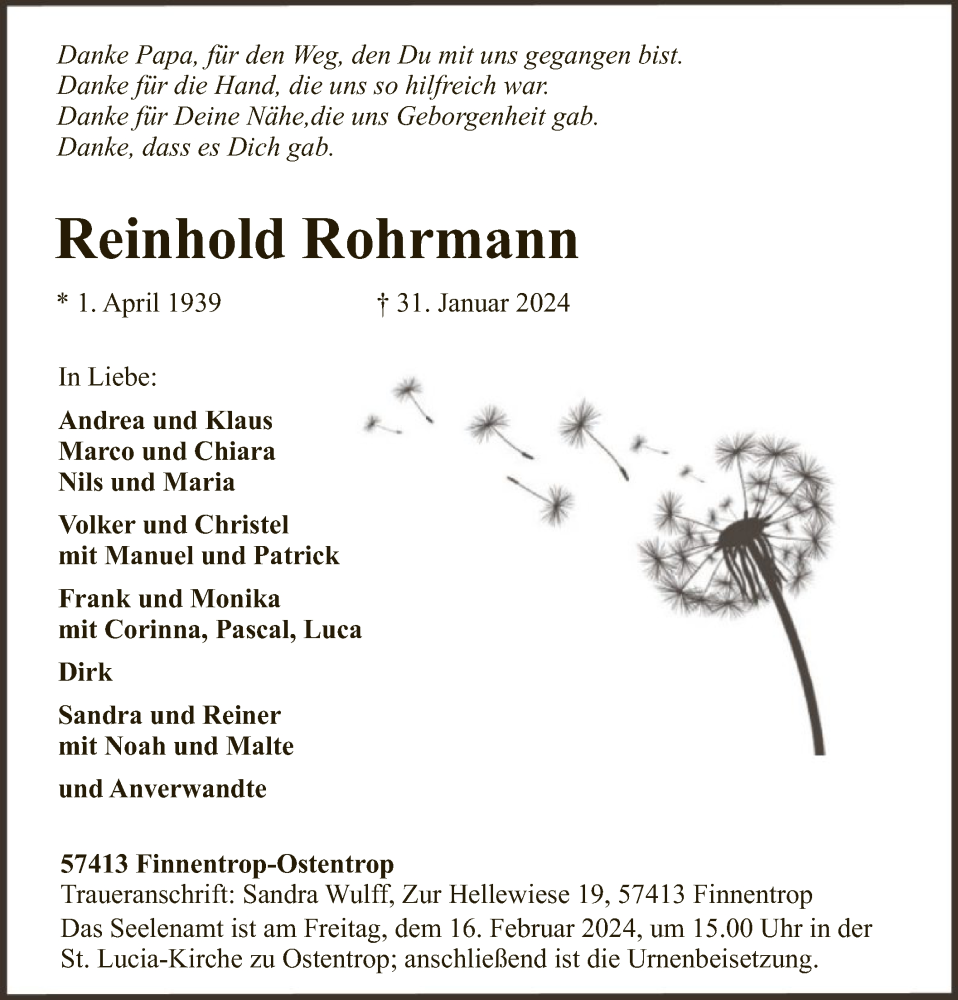  Traueranzeige für Reinhold Rohrmann vom 10.02.2024 aus WA