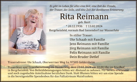 Traueranzeige von Rita Reimann von WA