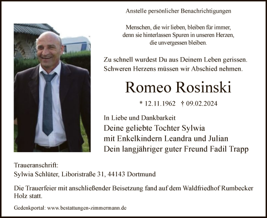 Traueranzeige von Romeo Rosinski von WA