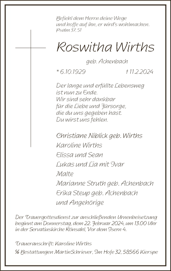 Traueranzeige von Roswitha Wirths von WA