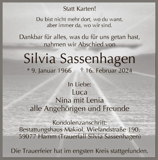 Traueranzeige von Silvia Sassenhagen von WA