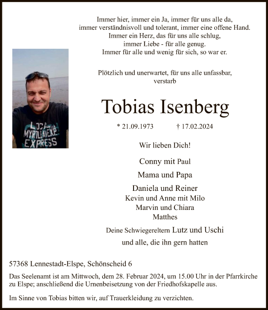 Traueranzeige von Tobias Isenberg von WA