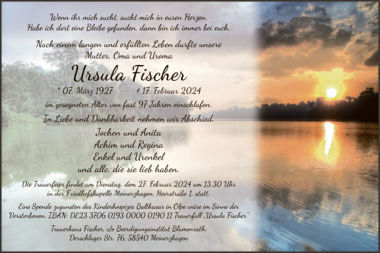 Traueranzeige von Ursula Fischer von WA