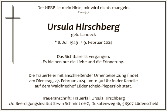 Traueranzeige von Ursula Hirschberg von WA