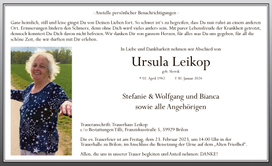 Traueranzeige von Ursula Leikop von WA