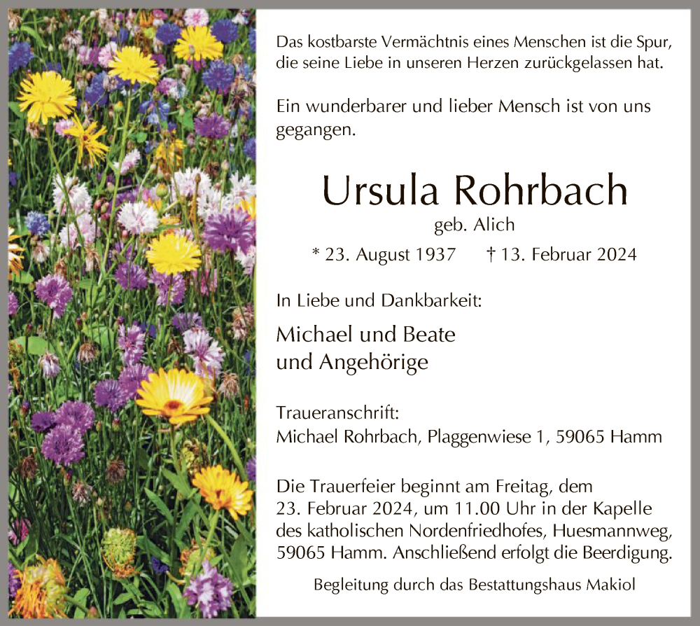  Traueranzeige für Ursula Rohrbach vom 17.02.2024 aus WA