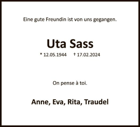 Traueranzeige von Uta Sass von WA