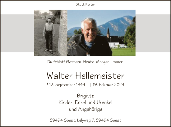 Traueranzeige von Walter Hellemeister von WA