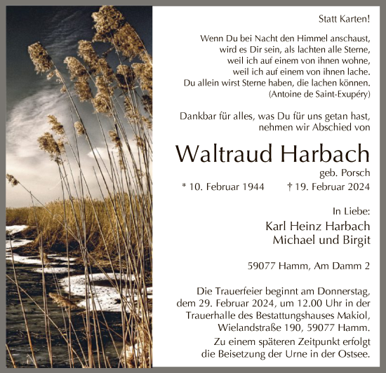Traueranzeige von Waltraud Harbach von WA