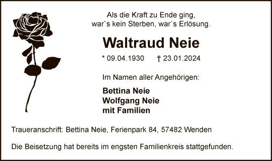 Traueranzeige von Waltraud Neie von WA